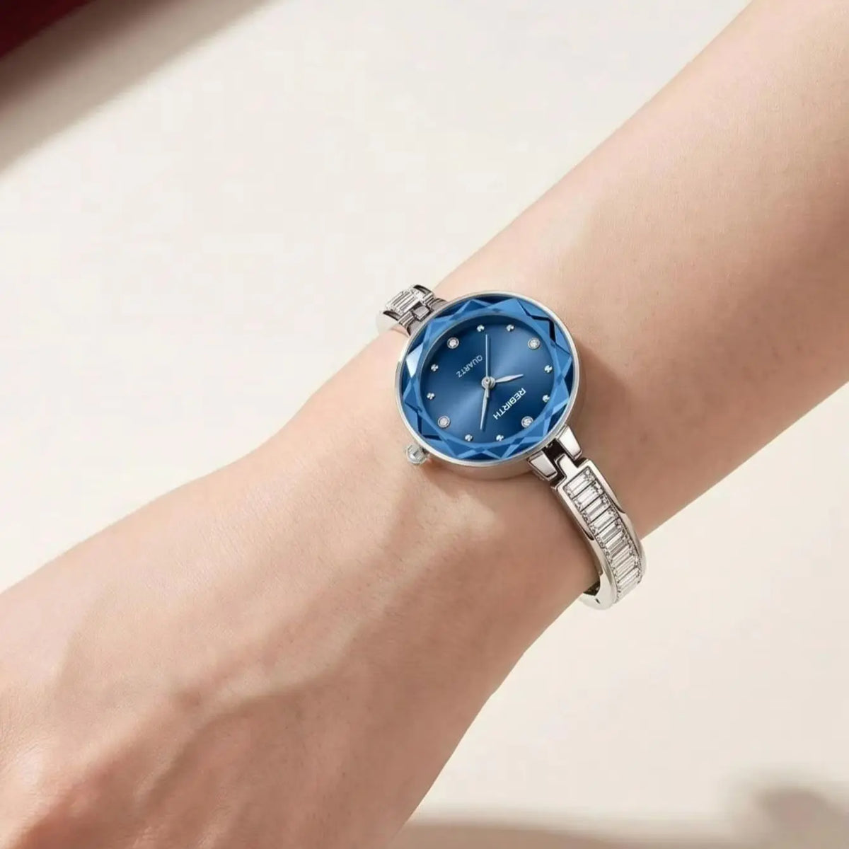 REBIRTH Women's Blue Dial Diamond Quartz Watch | Steel Band Women's Quartz Watch Nixie