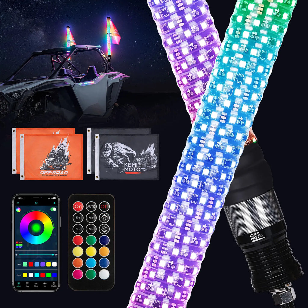 3FT RGB LED Whip Lights for UTV ATV – IP67, Brake & Turn Signal LED Whip Lights Nixie