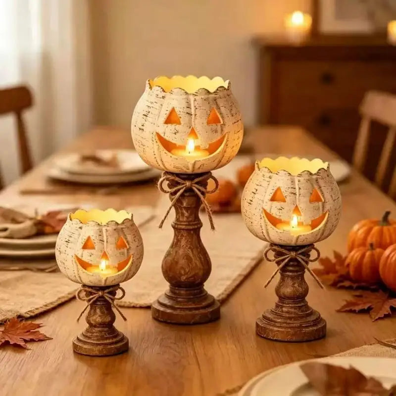 Pumpkin Jack-O'-Lantern Resin Candle Holder | Halloween Decor