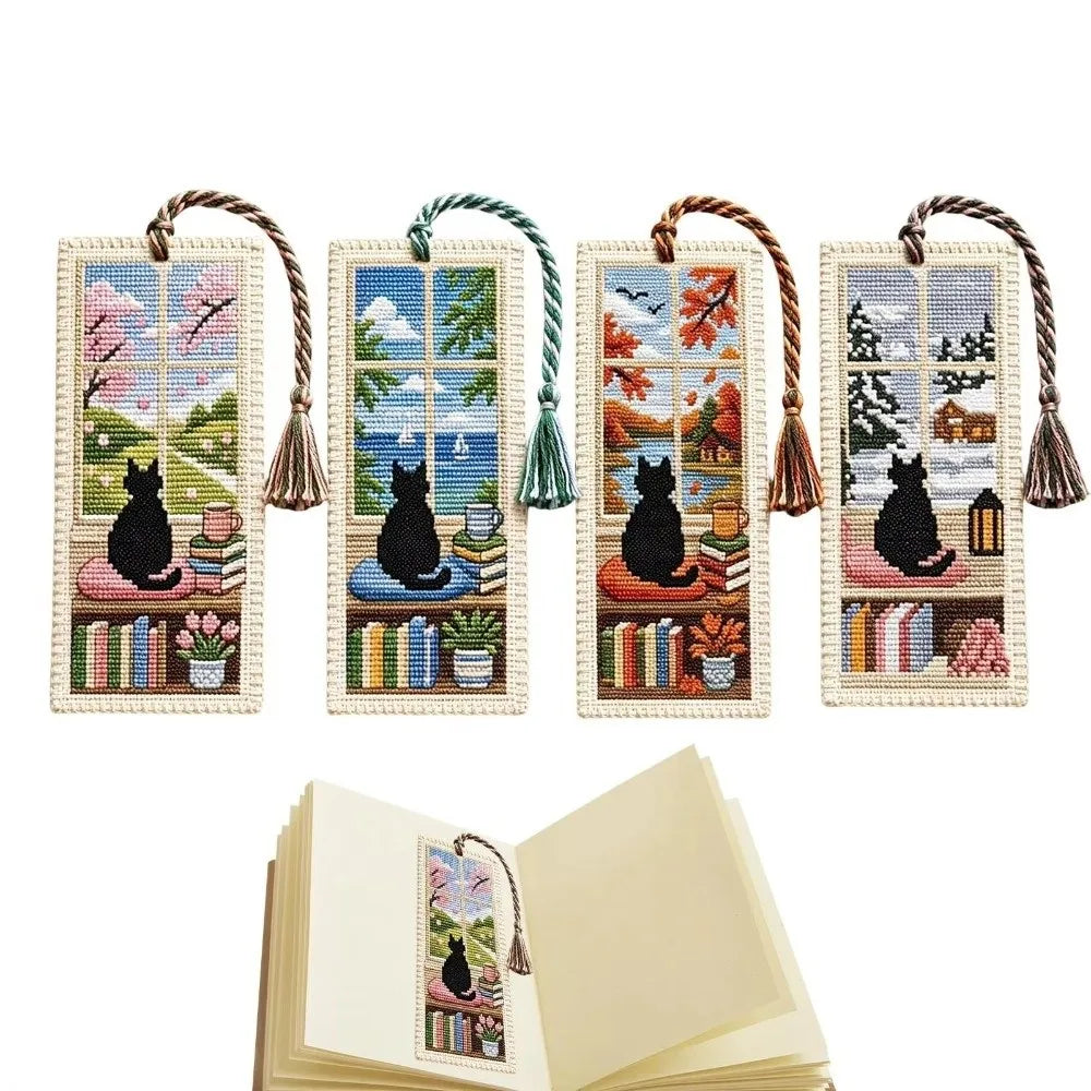 Seasonal Cat Cross Stitch Bookmark DIY Kit with Braided Tassel Cross Stitch Craft Kit Nixie