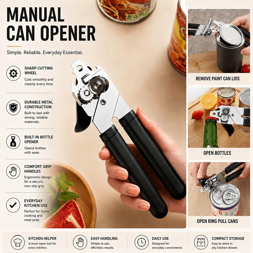 Heavy-Duty Manual Can & Bottle Opener – Non-Slip Stainless Manual Can Opener Nixie