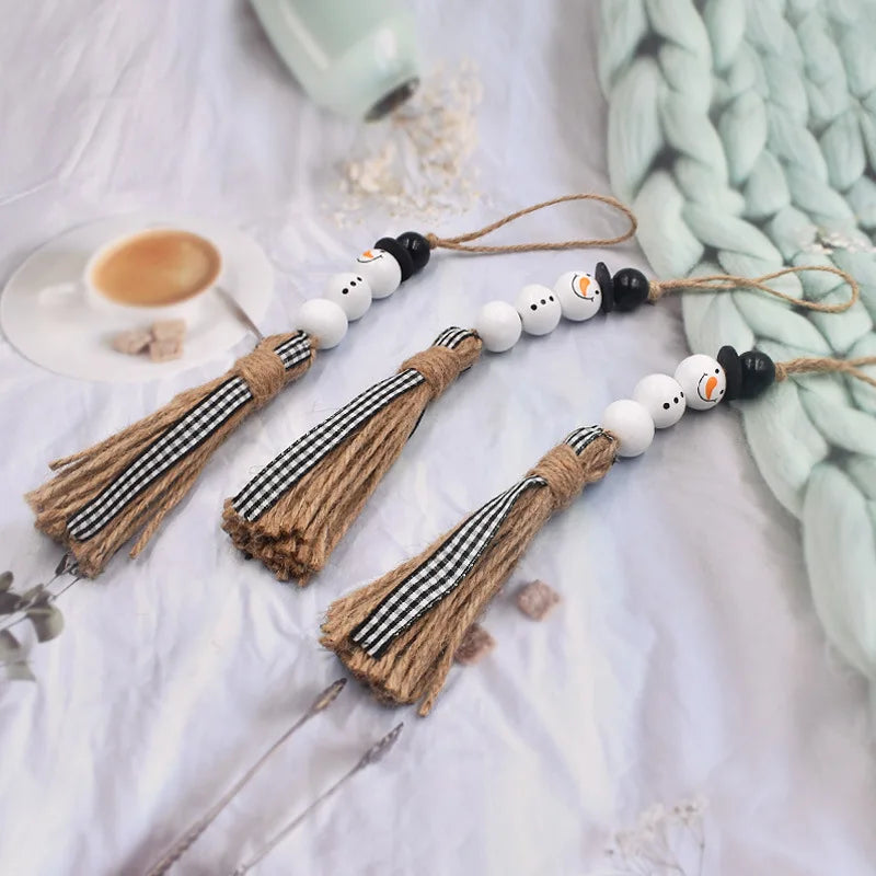 Farmhouse Snowman Wooden Bead Garland | Plaid Tassel Xmas Christmas Bead Garland Nixie