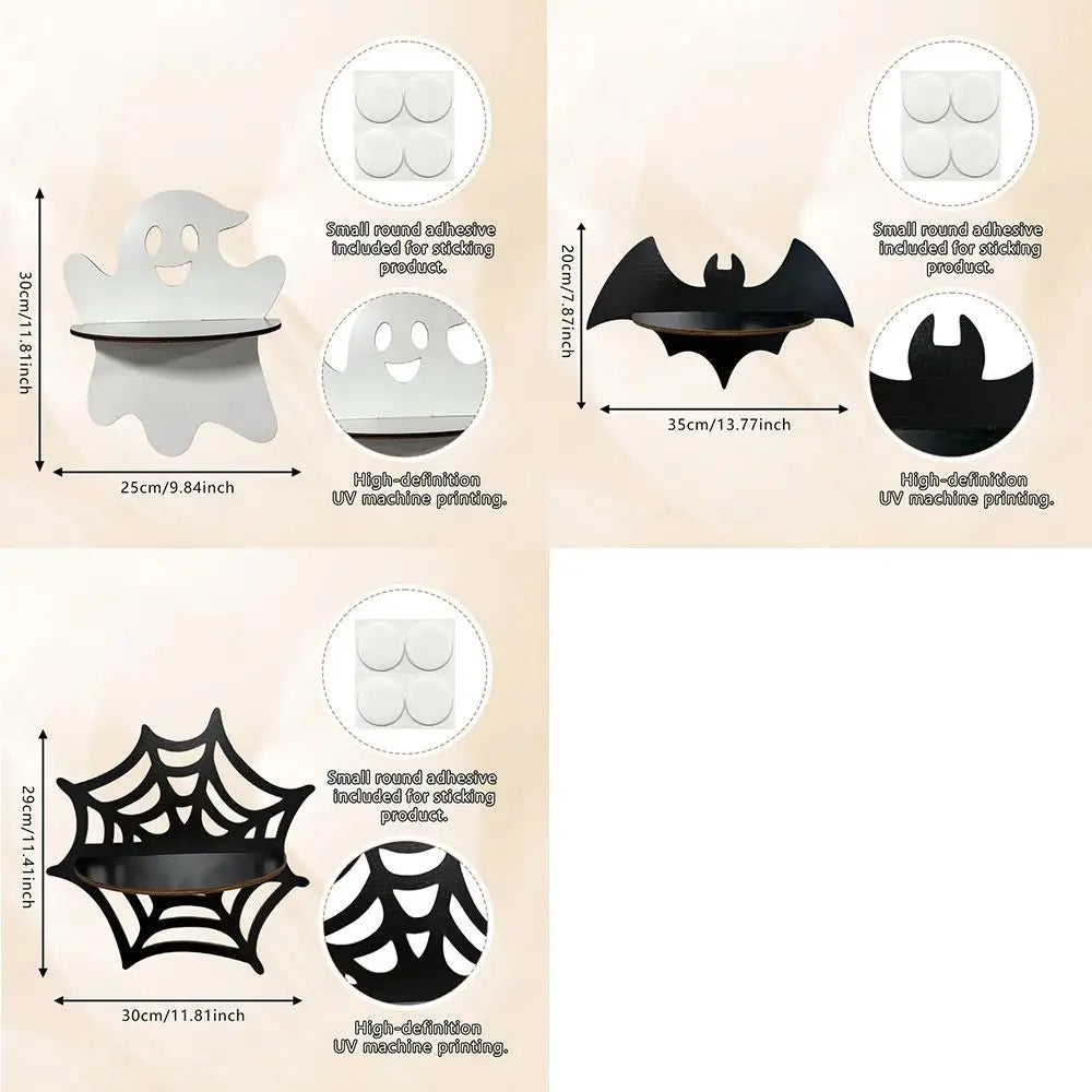 Halloween Floating Wall Shelf – Gothic Ghost & Bat Wood Décor