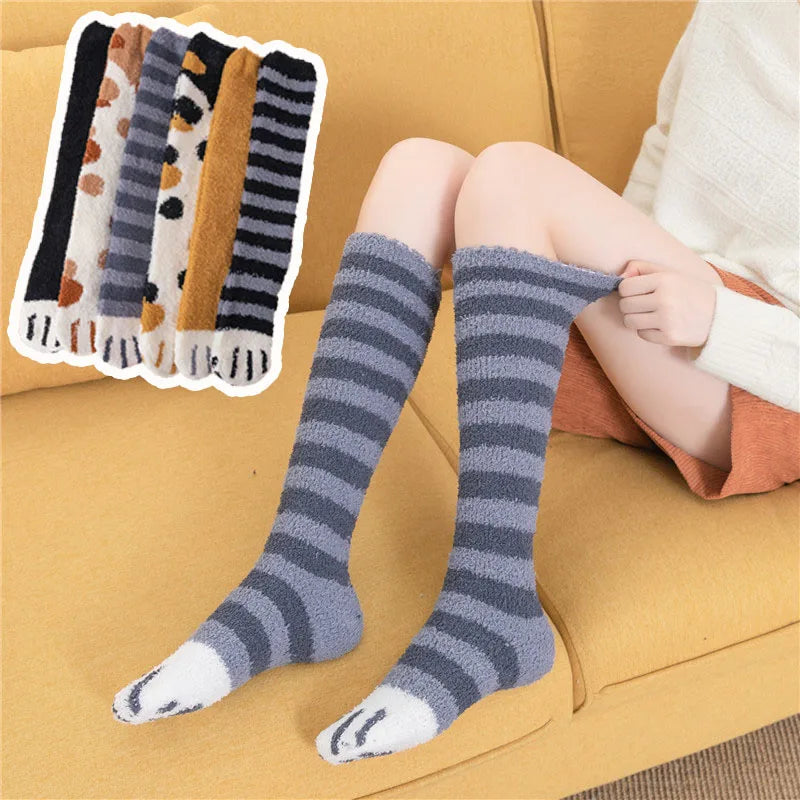 Women's Cat Paw Knee-High Winter Socks – Thick Cotton 2 Pairs