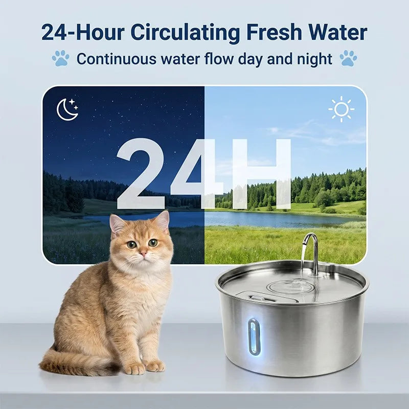7L Stainless Steel Pet Water Fountain – Quiet Auto Dispenser Pet Water Fountain Nixie