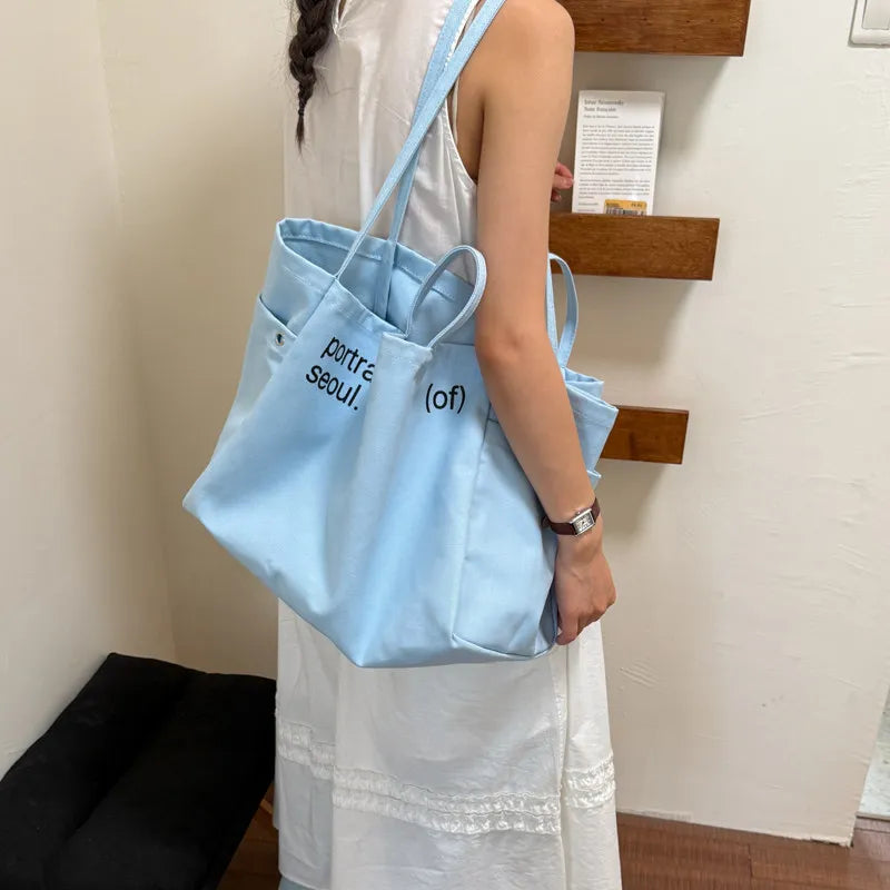 Women's Canvas Tote Bag – Letter Print Large Shoulder Bag Canvas Tote Bag Nixie BB-1497Blue