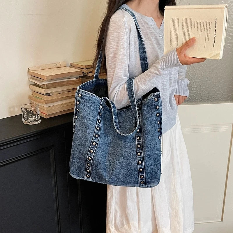 Retro Rivet Denim Shoulder Bag Large Capacity Women's Tote Shoulder Tote Bag Nixie