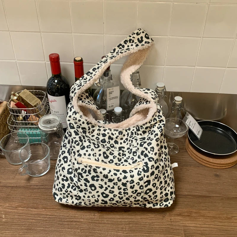 Nixie Plush Leopard Print Tote Bag – Large Crossbody Bucket Bag Plush Shoulder Tote Bag Nixie