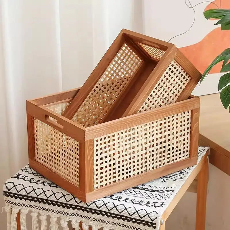 Retro Wood & Bamboo Rattan Storage Basket Desk Organizer Rattan Storage Basket Nixie