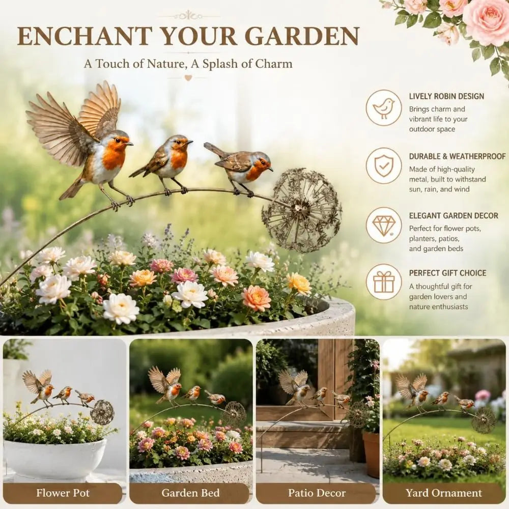 Metal Robin Garden Stakes – Weather-Resistant Bird Yard Decor Garden Stake Ornament Nixie