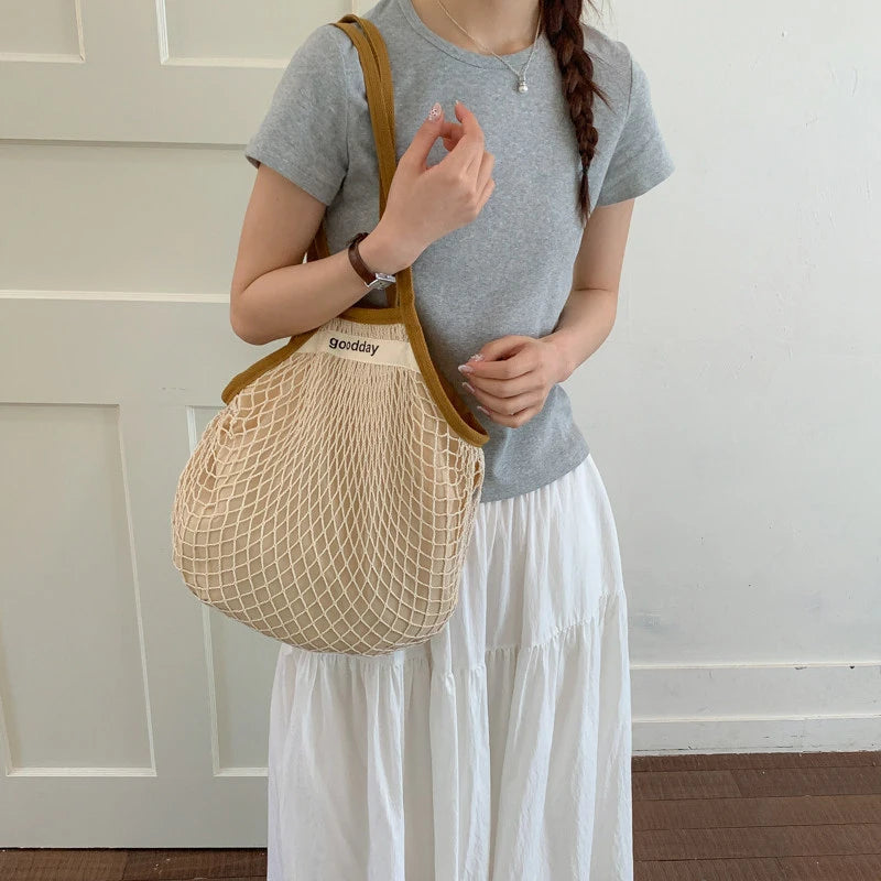 Women's Hollow Mesh Woven Tote – Large Beach Shoulder Bag