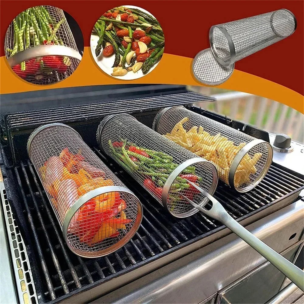Rolling BBQ Grill Basket – Stainless Steel Cylindrical Mesh Rack