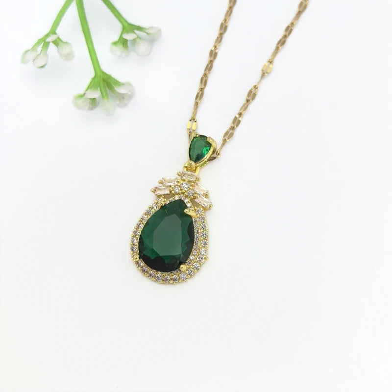 Emerald Zircon Pendant Necklace | Gold Stainless Steel Chain Pendant Necklace Nixie