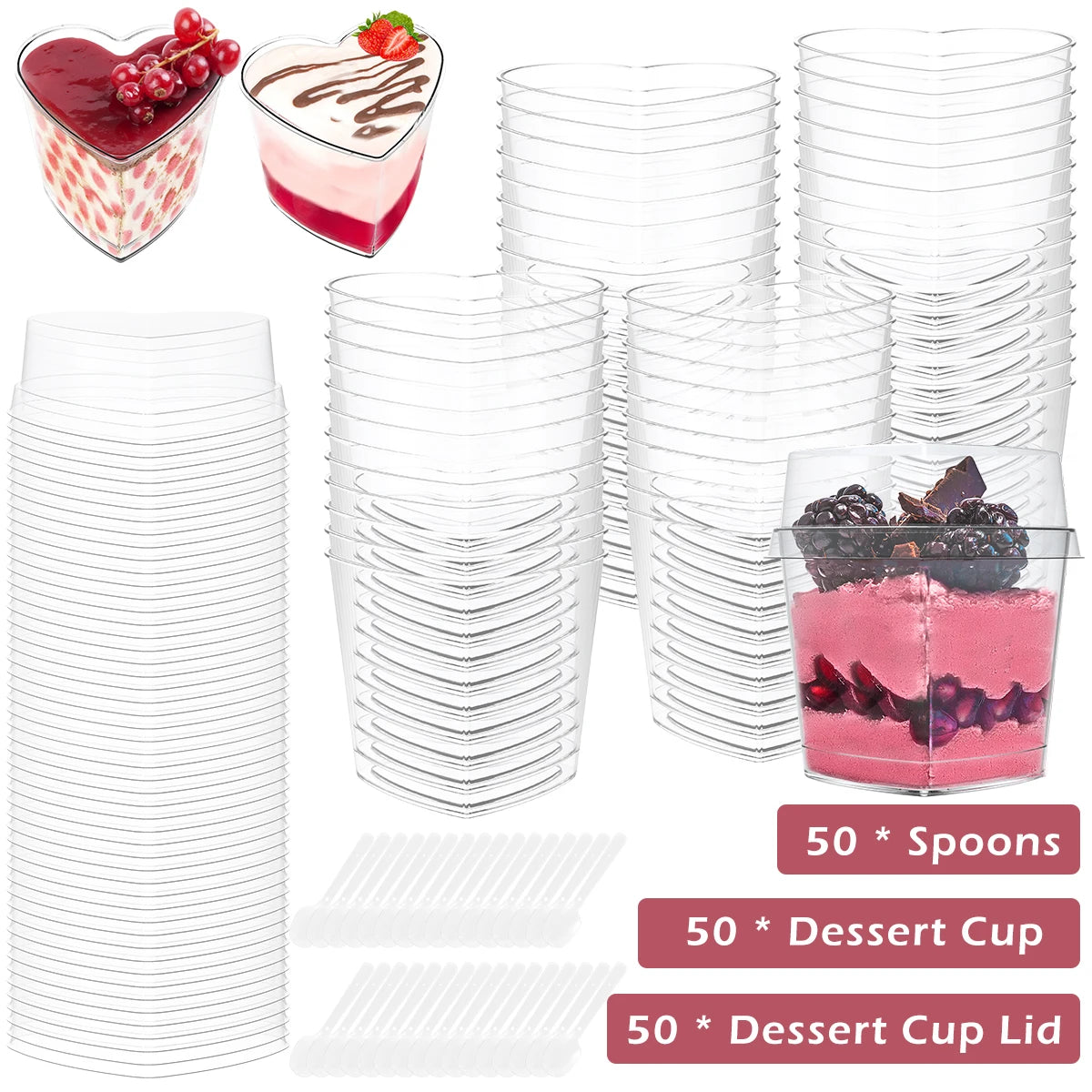 50Pcs Clear Plastic Dessert Cups 60/100/180ml with Lids & Spoons Plastic Dessert Cups Nixie