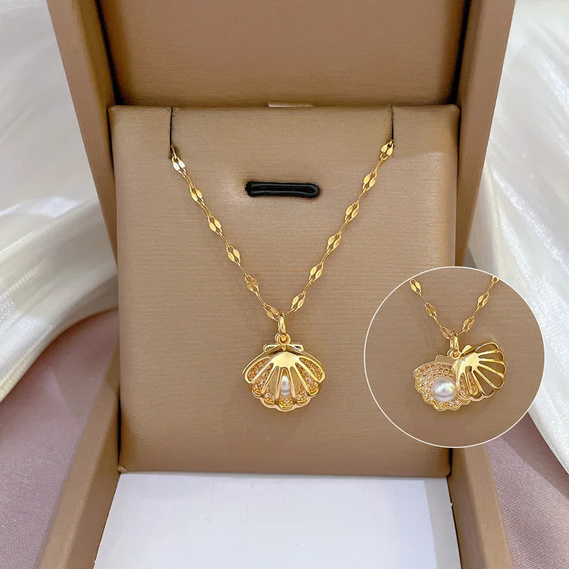Zircon Shell Pearl Clavicle Necklace – Gold Stainless Steel Pendant Necklace Nixie XL1470-66 40cm