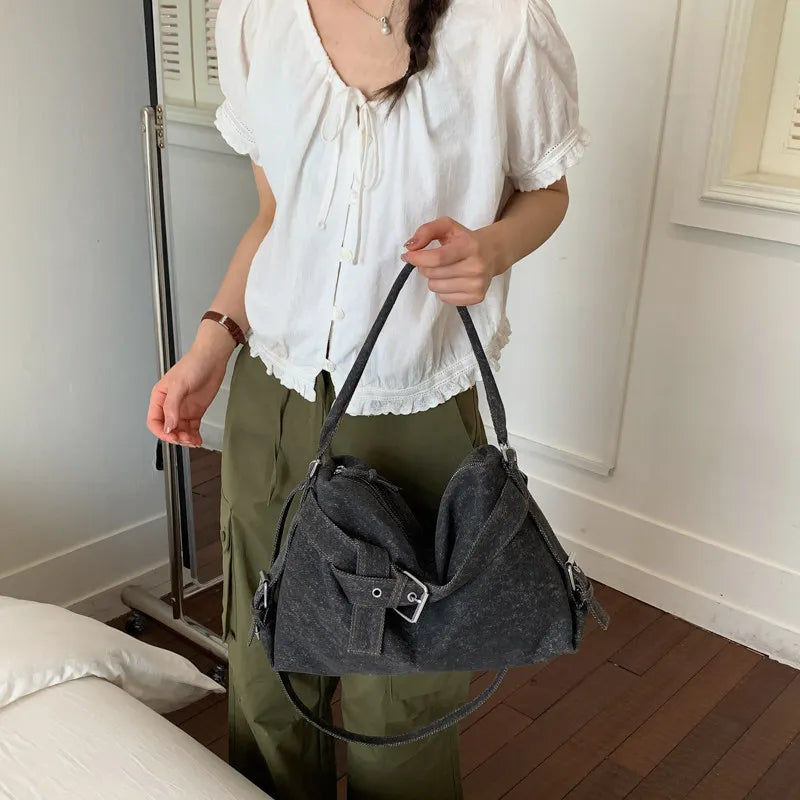 Korean-Style Large Denim Tote Bag – Shoulder & Crossbody Denim Tote Bag Nixie