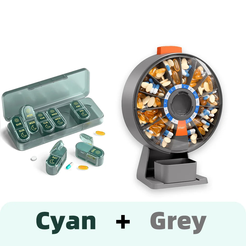 14-Day & 7-Day Pill Organizer Set – Home & Travel Case Pill Organizer Set Nixie Cyan-Grey