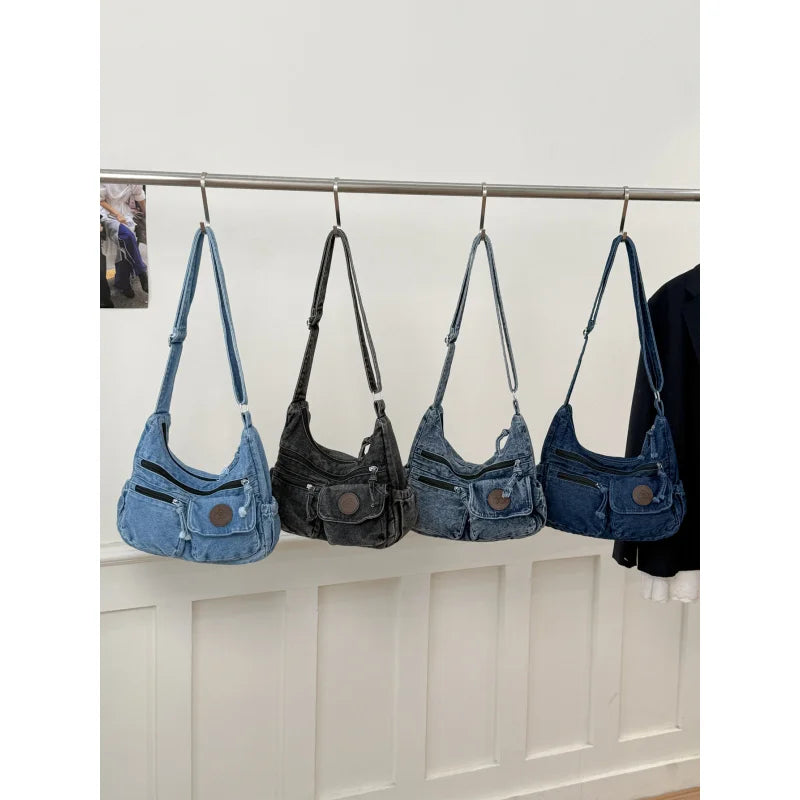 Japanese Washed Denim Multi-Pocket Women's Shoulder Bag Denim Shoulder Bag Nixie