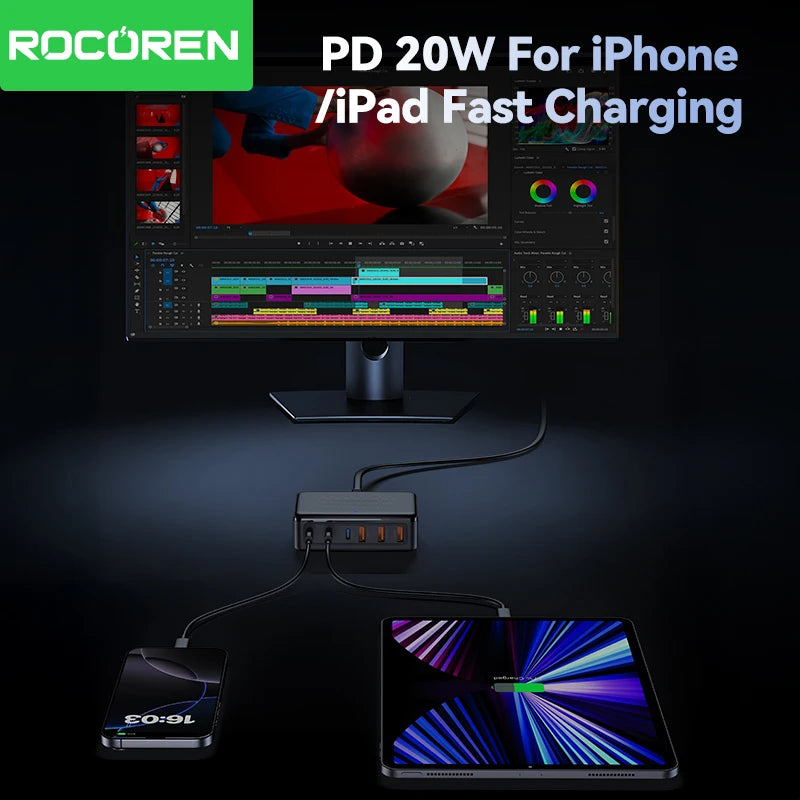 Rocoren 100W GaN 6-Port Charging Station | Fast USB-C Charger GaN Charging Station Nixie