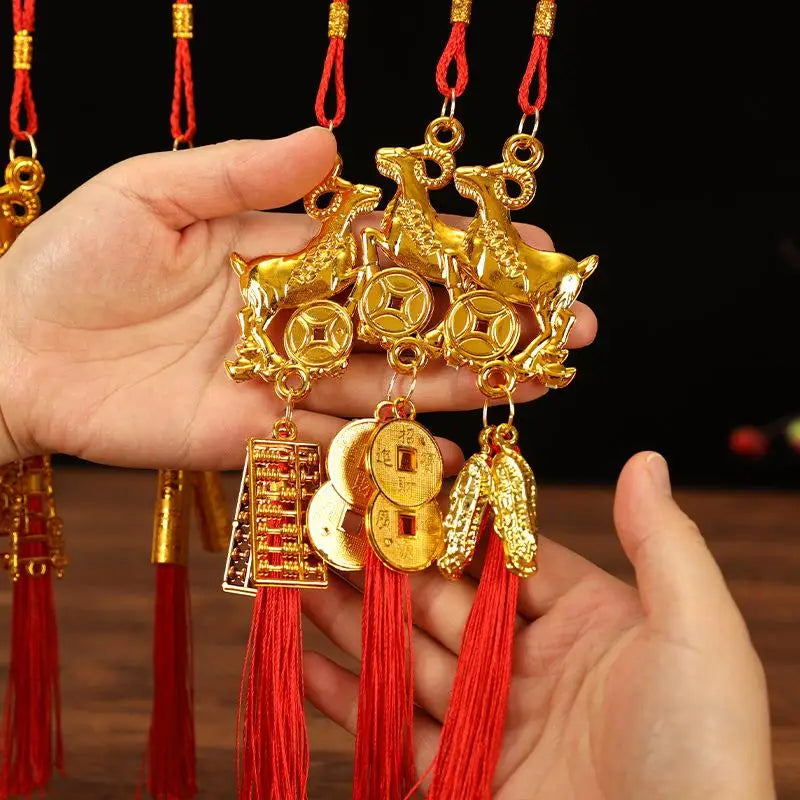 Golden Chinese Zodiac Goat Ornament with Red Tassel Lucky Charm