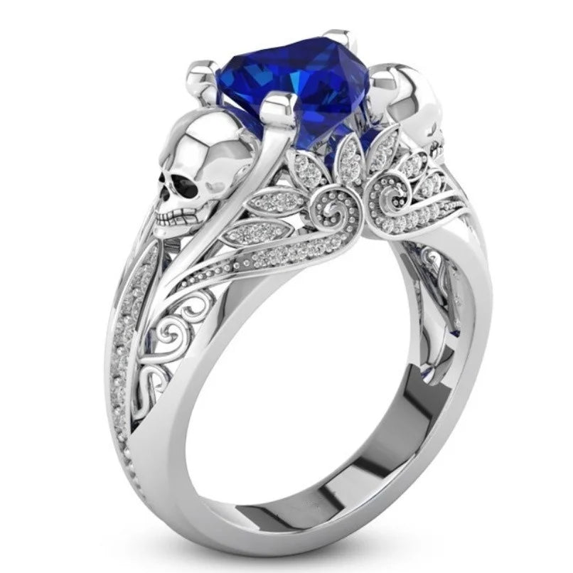 Skull Sapphire Crystal Punk Ring — Zinc Alloy, Unisex Skull Punk Ring Nixie 9 Blue