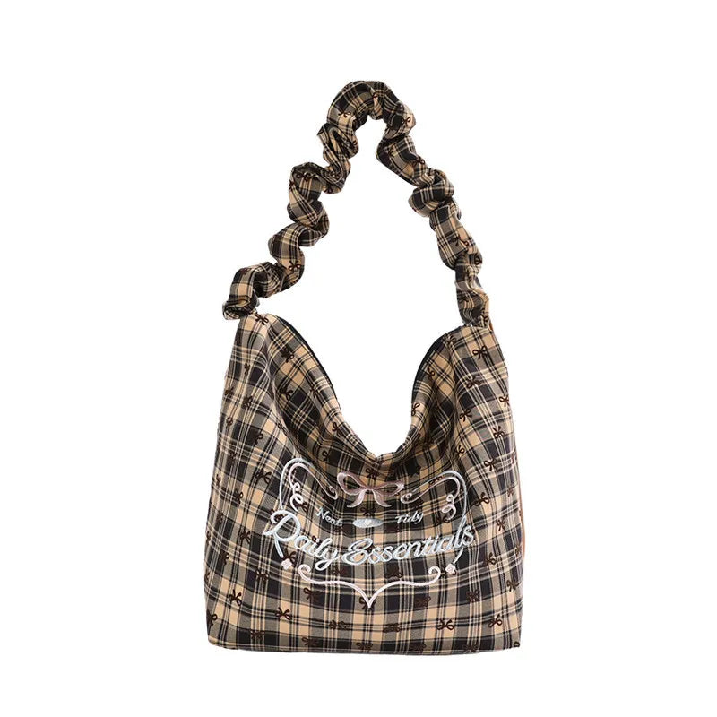 Korean Retro Plaid Canvas Tote Bag – Large Women's Shoulder Bag Canvas Tote Bag Nixie khaki