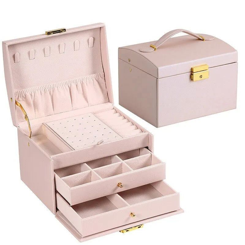 3-Layer Faux Leather Drawer Jewelry Box with Lock Jewelry Storage Box Nixie