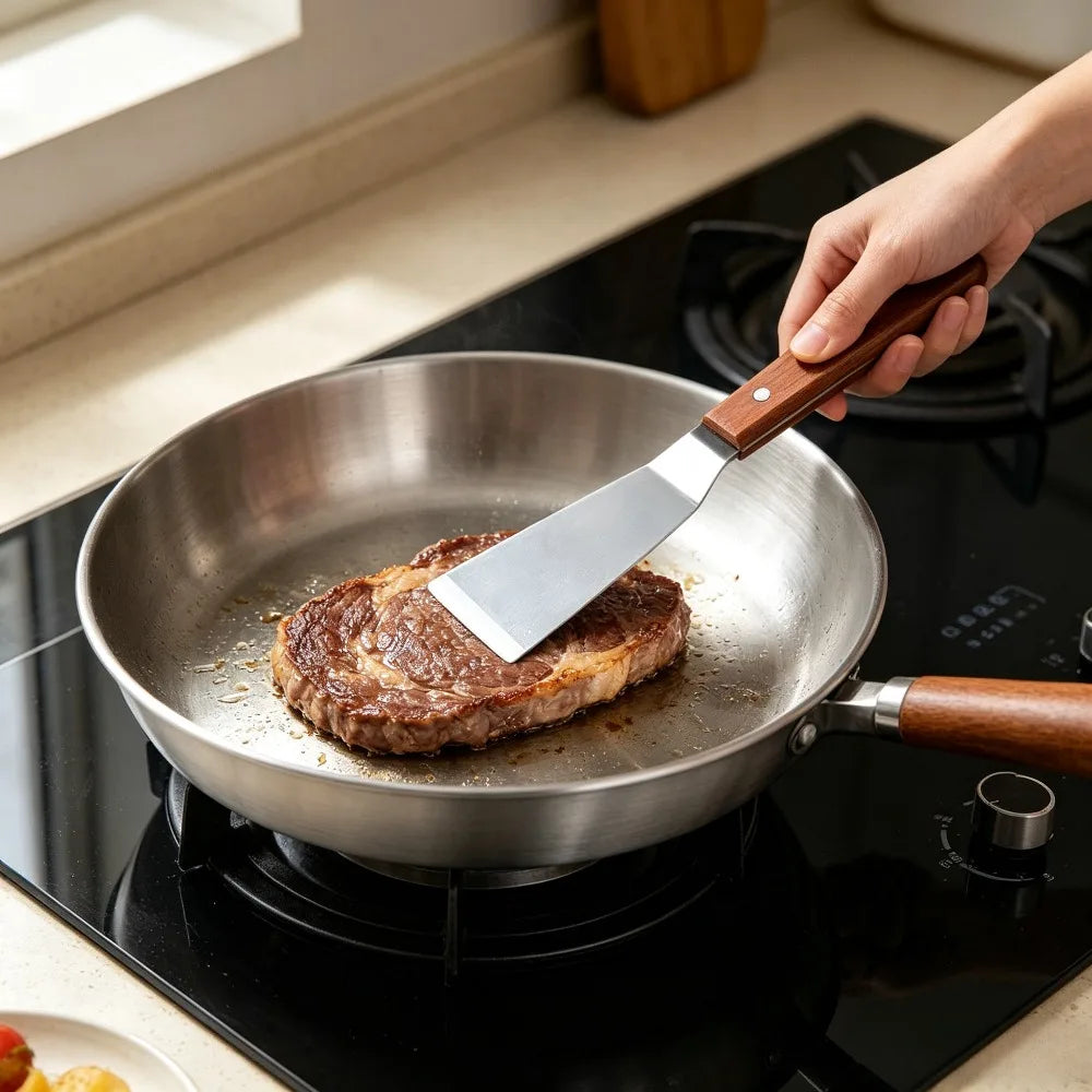 Nonstick Stainless Steel Frying Pan & Spatula Set | Wooden Handle Frying Pan Set Nixie