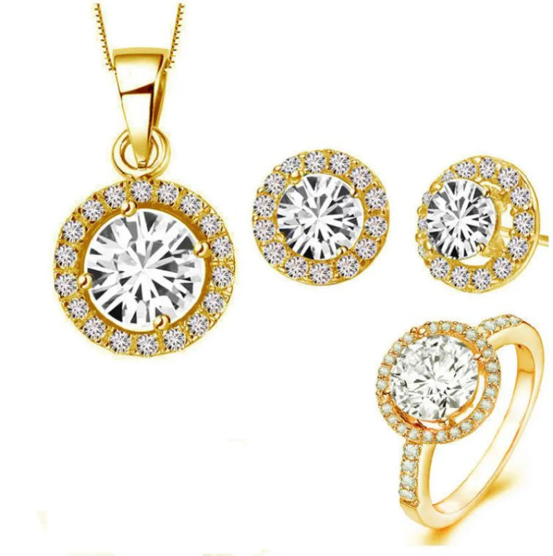 Silver CZ Crown Necklace Earring Ring Jewelry Set for Women Jewelry Set Nixie 45cm gold Set-open ring