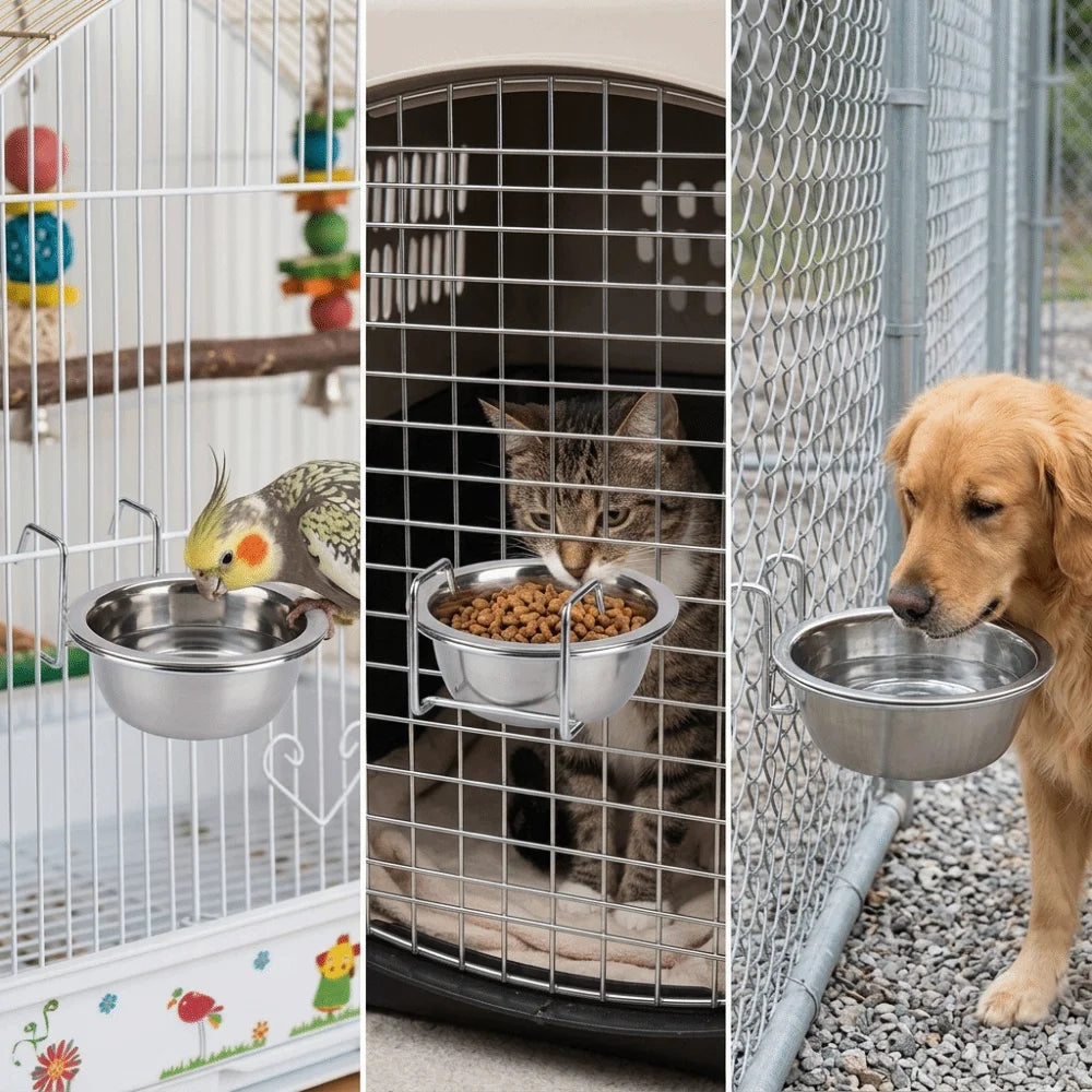 Stainless Steel Hanging Dog Bowl Anti-Tip Crate Feeder S/M/L