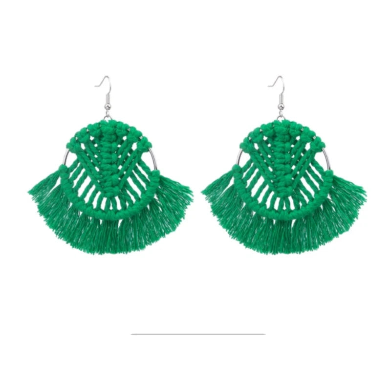 Bohemian Colorful Tassel Drop Earrings – Handwoven Fan Shape