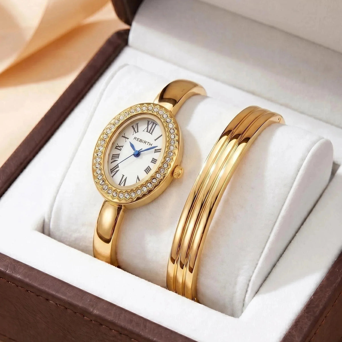 Women's Gold Watch & Bracelet Set – Quartz Roman Numeral