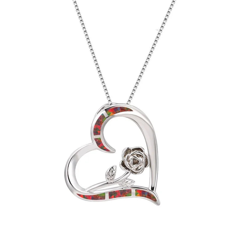 Women's Simulated Opal Rose Heart Pendant Necklace Pendant Necklace Nixie Red