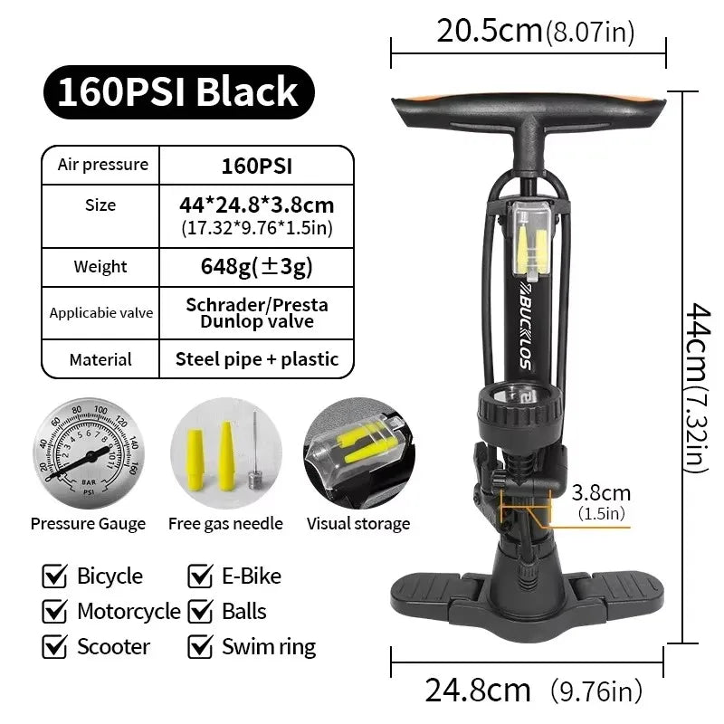BUCKLOS 160PSI Bike Floor Pump Schrader Presta Valve Bicycle Floor Pump Nixie BLACK
