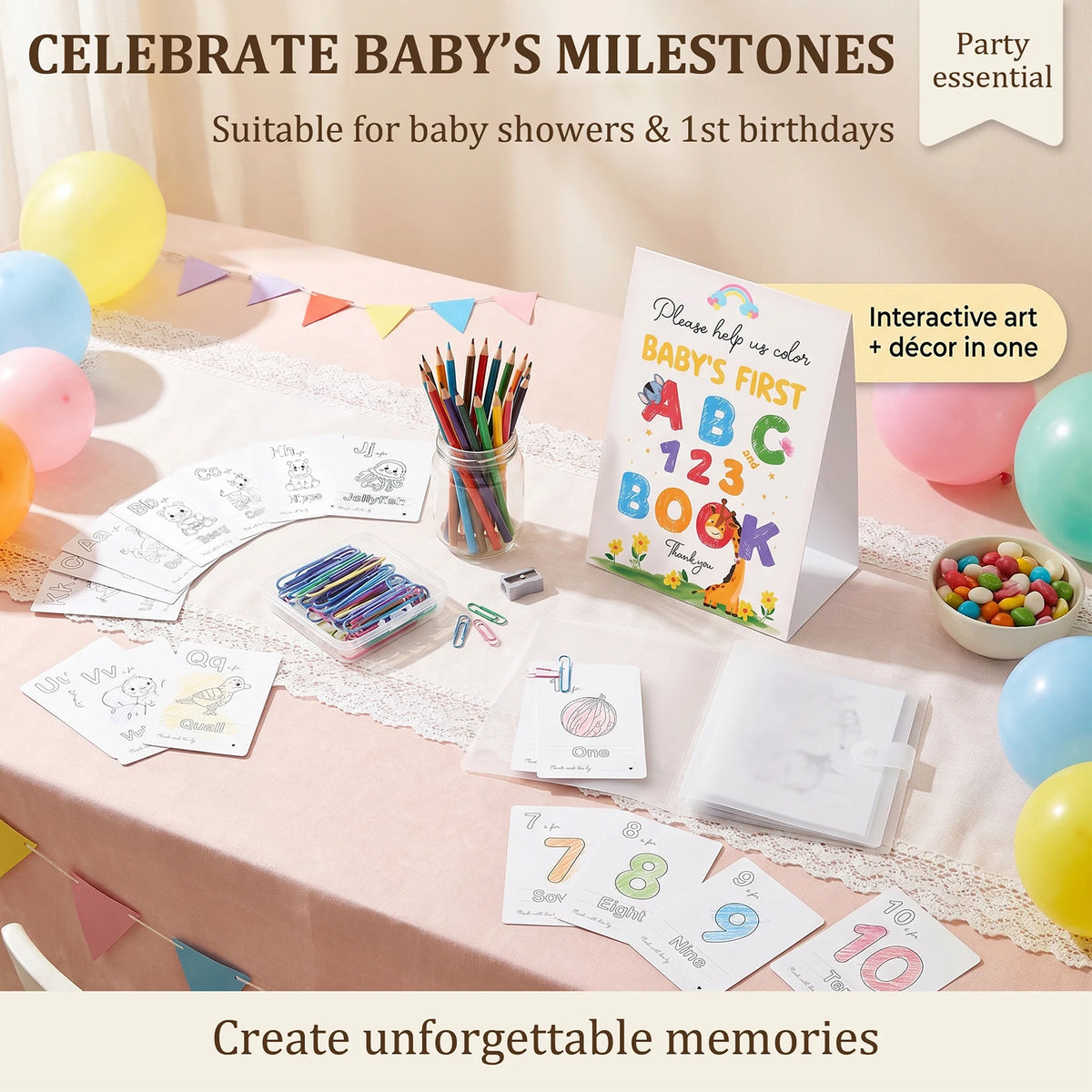 Montessori ABC & 123 Baby Shower Guest Book Coloring Kit Educational Activity Kit Nixie