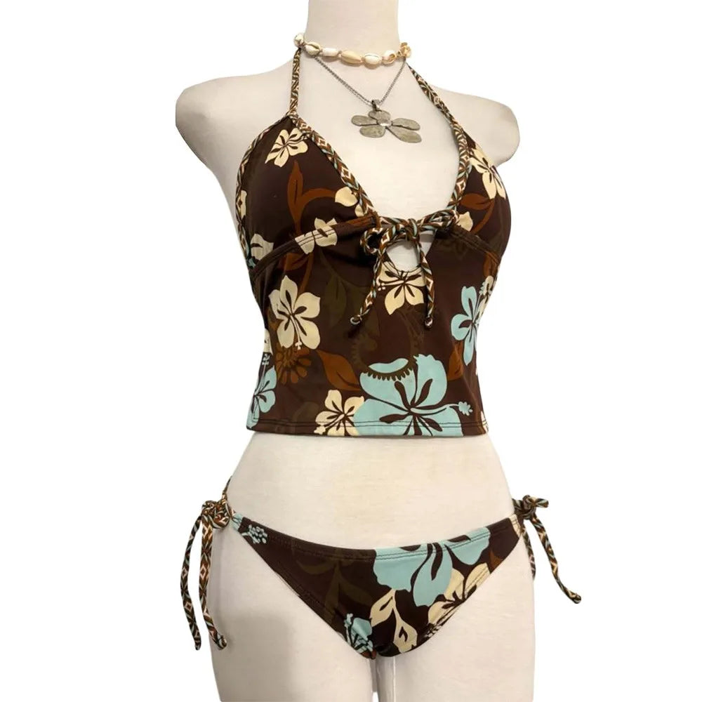 2-Piece Y2K Goth Punk Bikini Set – Women's Lace-Up Swimsuit Women's Bikini Set Nixie Dark brown M