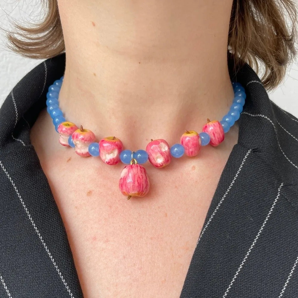 3D Colorful Fruit Beaded Necklace – Resin Strawberry & Pomegranate Beaded Pendant Necklace Nixie