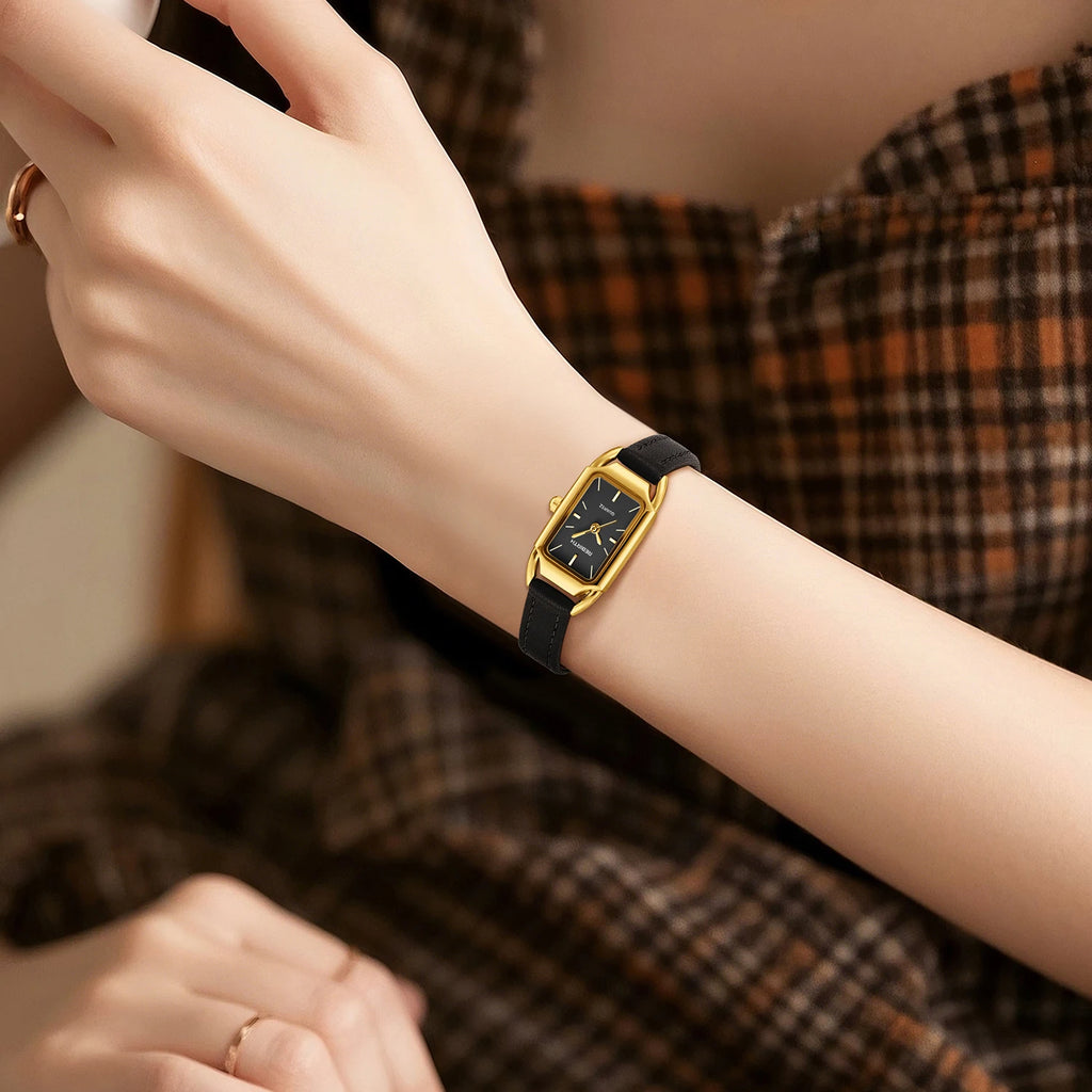 REBIRTH Women's Retro Leather Strap Quartz Watch | Rectangle Dial