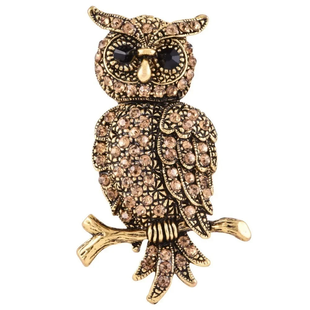 Vintage Owl Brooch Pin | Shiny Zircon Unisex Bird Jewelry Fashion Brooch Pin Nixie Light Yellow Gold Color