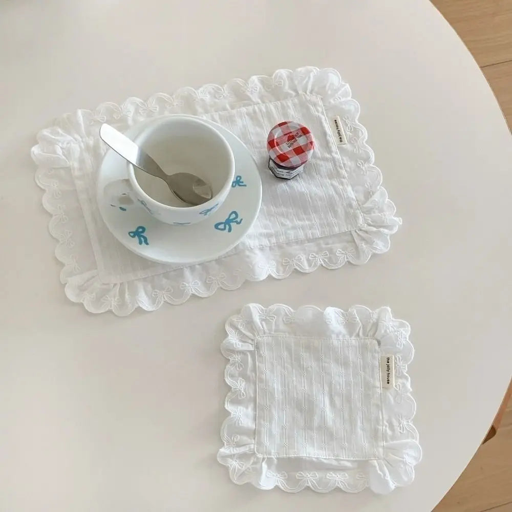 Korean Style Lace Ruffle Placemat – 100% Cotton Coaster Lace Ruffle Placemat Nixie