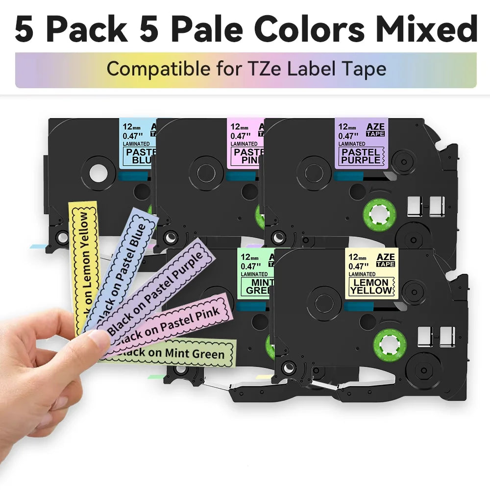 Labelife 12mm Mixed Pale Matte Label Tapes for Brother P-Touch 5-Pack Label Maker Tape Nixie