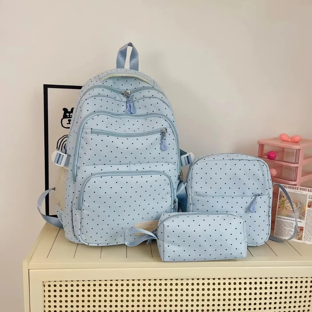 Nylon Polka Dot Girls Backpack Set – Multi Compartment School Bag