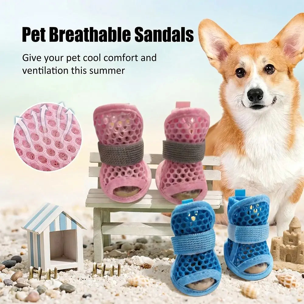 4Pcs Mesh Dog Shoes Non-Slip Breathable Pet Sandals Paw Protector