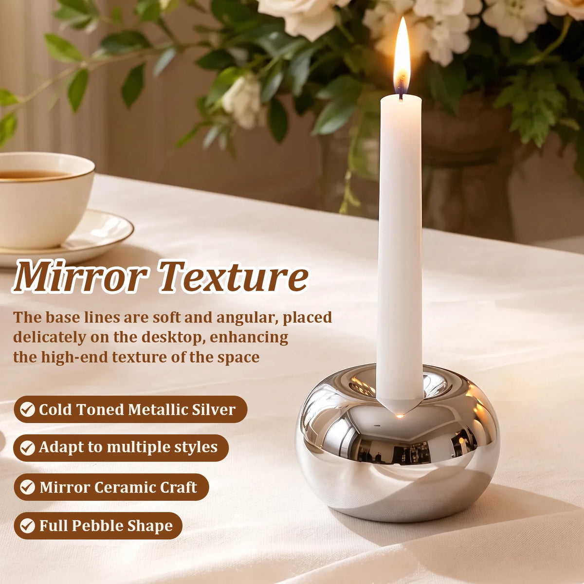 Ceramic Doughnut Taper Candle Holder – Mirrored Silver