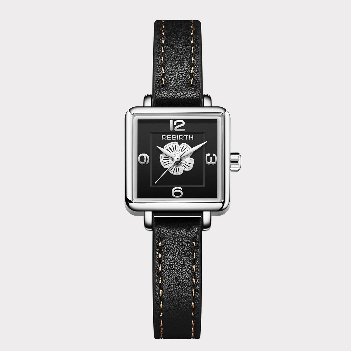 REBIRTH Floral Quartz Watch – Casual Leather Strap, 3Bar Quartz Wristwatch Nixie Silver