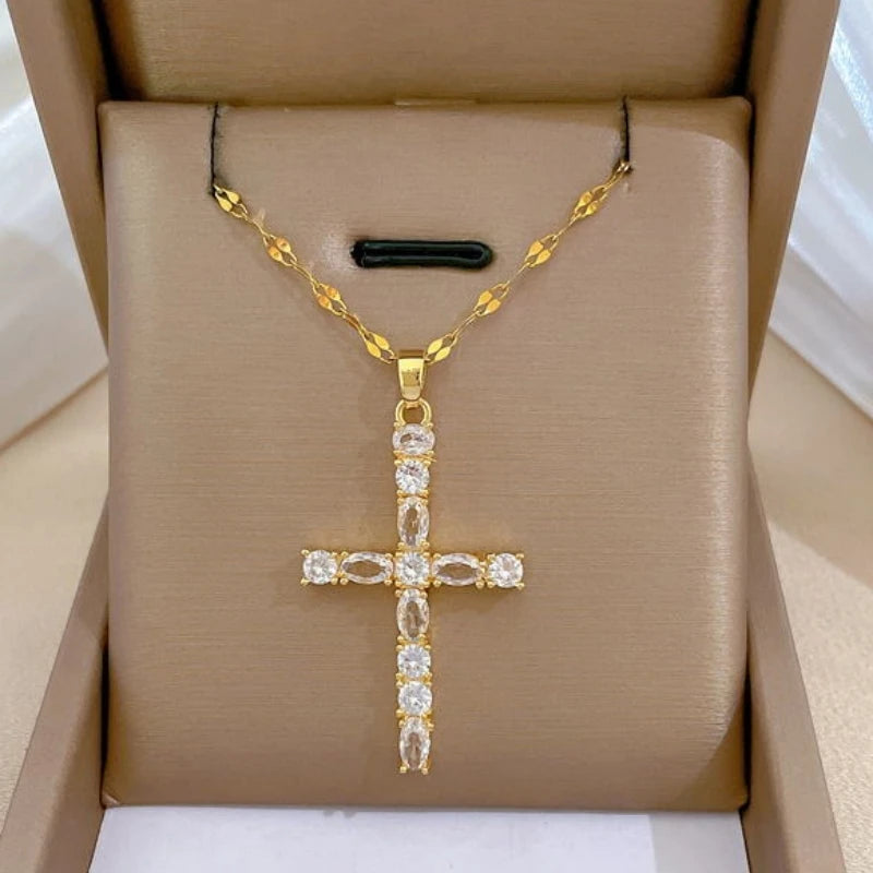 Luxury Cross Pendant Necklace – Gold Stainless Steel Choker Pendant Necklace Nixie