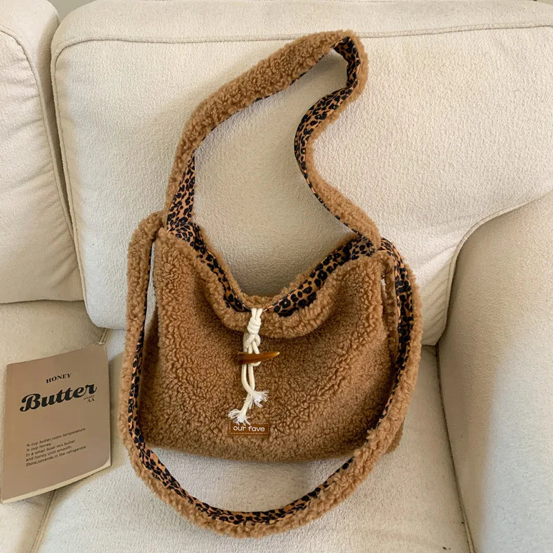 Nixie Plush Leopard Print Tote Bag – Large Crossbody Bucket Bag Plush Shoulder Tote Bag Nixie Brown