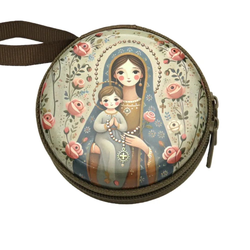 Virgin Mary Round Metal Rosary Storage Bag – Religious Keepsake