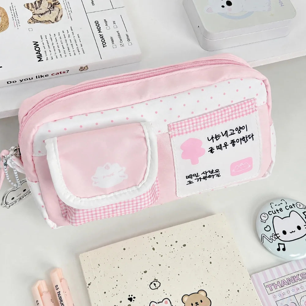 Pink Cat Print Pencil Case – Large Capacity Kawaii Pouch Pencil Case Nixie Pink White