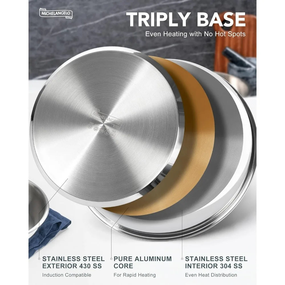 MICHELANGELO 3-Piece Stainless Steel Pan Set, Removable Handle Stainless Steel Pan Set Nixie